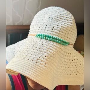 White Crochet Sun Hat with Turquoise Bead Band